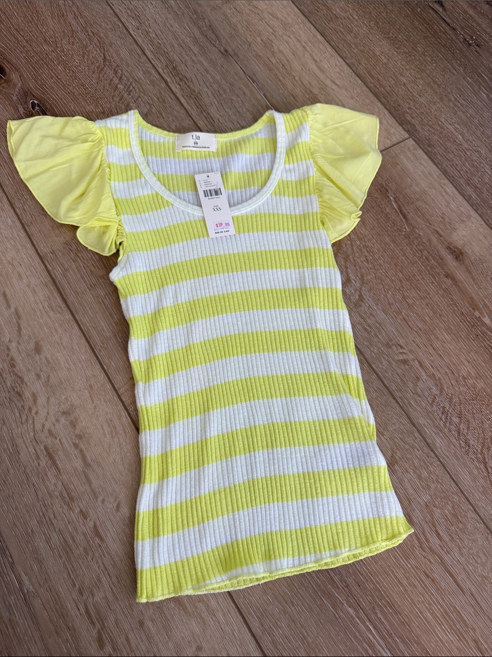 T.La Yellow & White Striped Ruffle Sleeve Tank Top